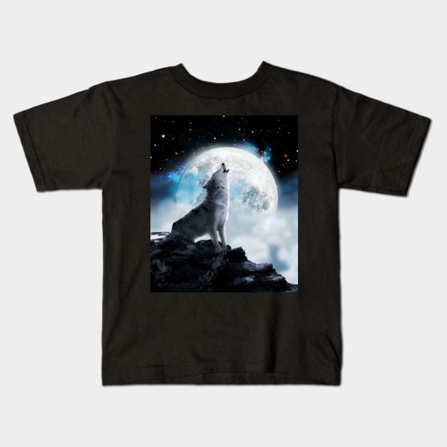 Cosmic Space Wolf Wolves Howling At Moon Kids T-Shirt by Random Galaxy